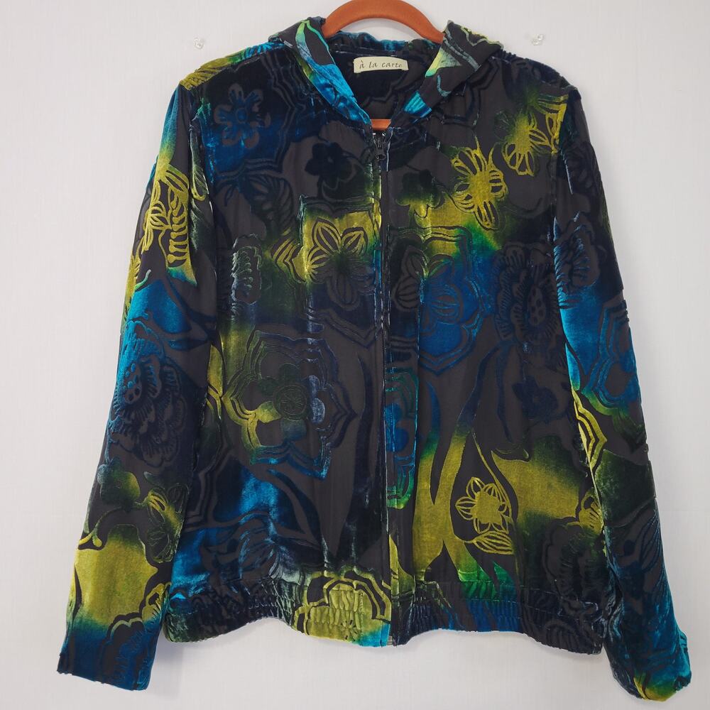 Silk Blend Floral Burnout Full Zip Hooded Jacket size L Black Blue Green Artsy